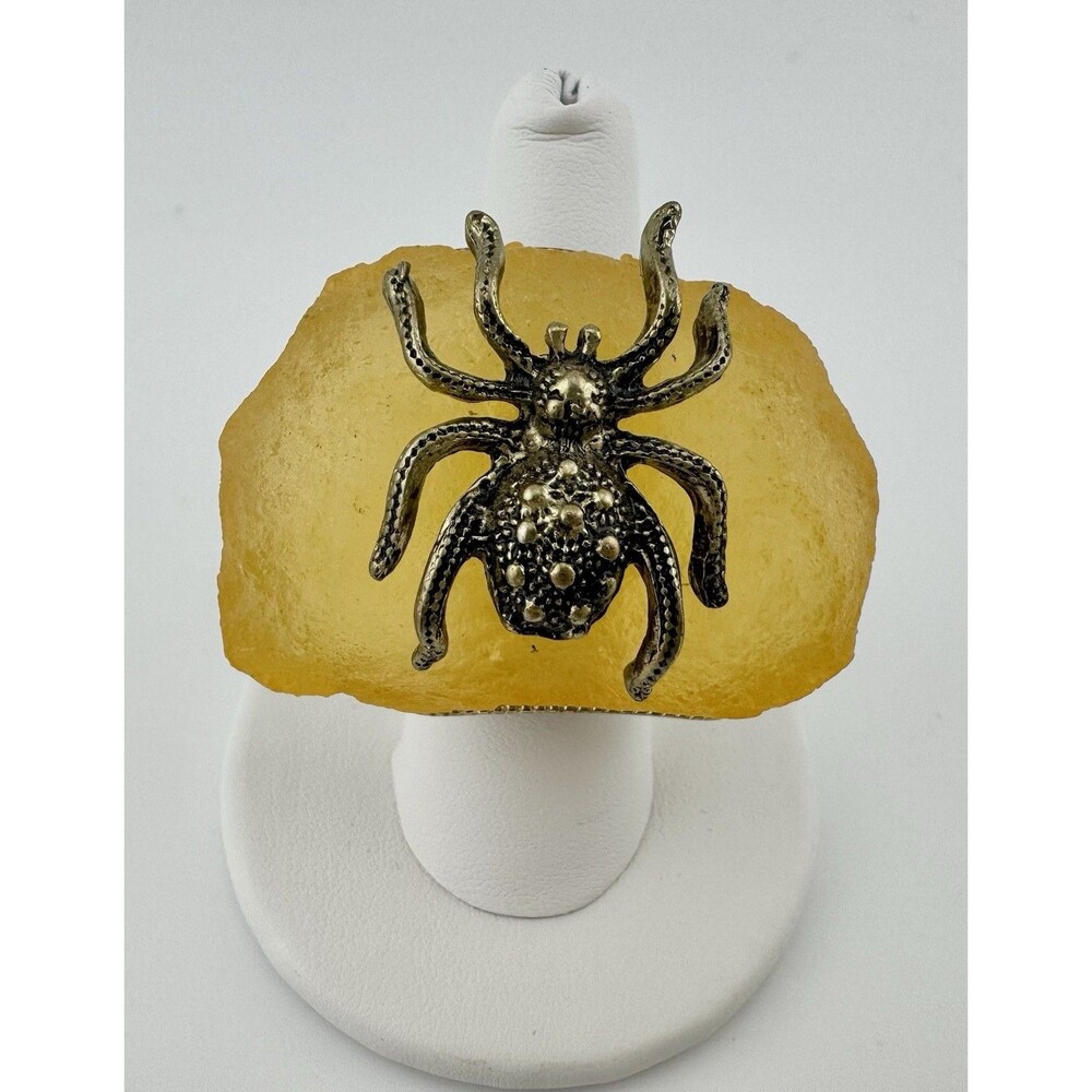 Vintage 1970s Spider Statement Ring Yellow Resin Adjustable Gold Tone Sz 7–11